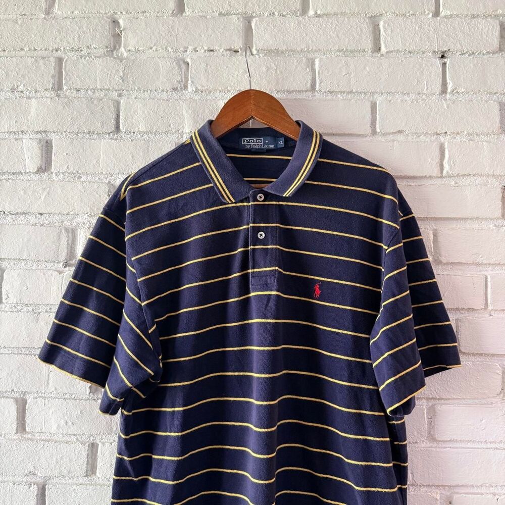 Vintage 90s Polo Ralph Lauren Navy & Yellow Striped Short Sleeve Polo Shirt XL